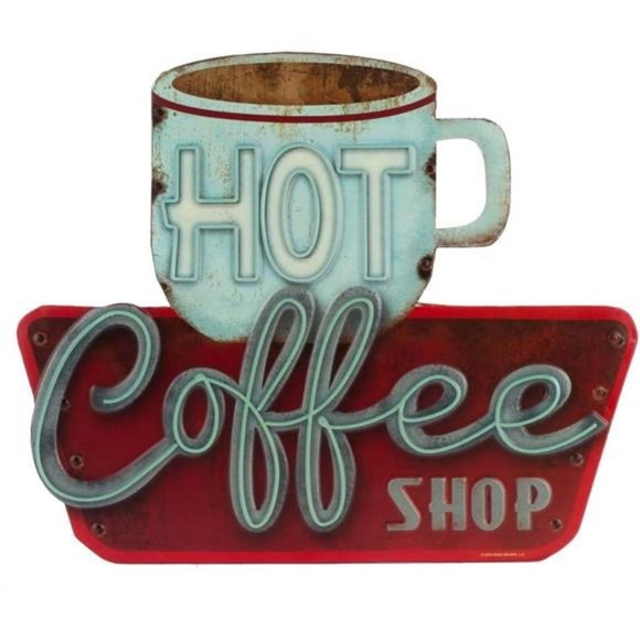 Hot Coffee Shop Embossed Metal Sign - Vintage Diner Coffee Sign for Kitchen